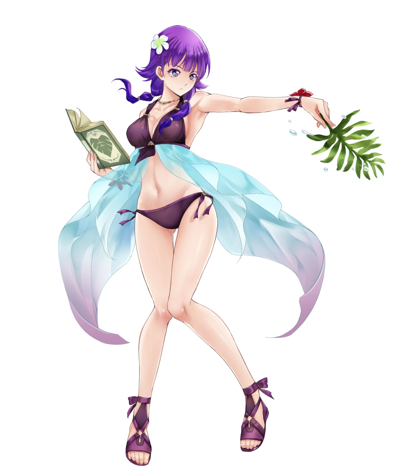 1girl 1girl alluring bare_shoulders bikini book cleavage closed_mouth collarbone dual_wielding feet female_focus fire_emblem fire_emblem:_the_sacred_stones fire_emblem_heroes flower full_body hair_flower hair_ornament high_res holding holding_book intelligent_systems leaf long_hair lute_(fire_emblem) lute_(summer)_(fire_emblem) matching_hair/eyes medium_breasts navel nintendo official_art purple_eyes purple_hair sandals see-through_clothes seo_kouji stomach swimsuit thighs toes transparent_background water_drop