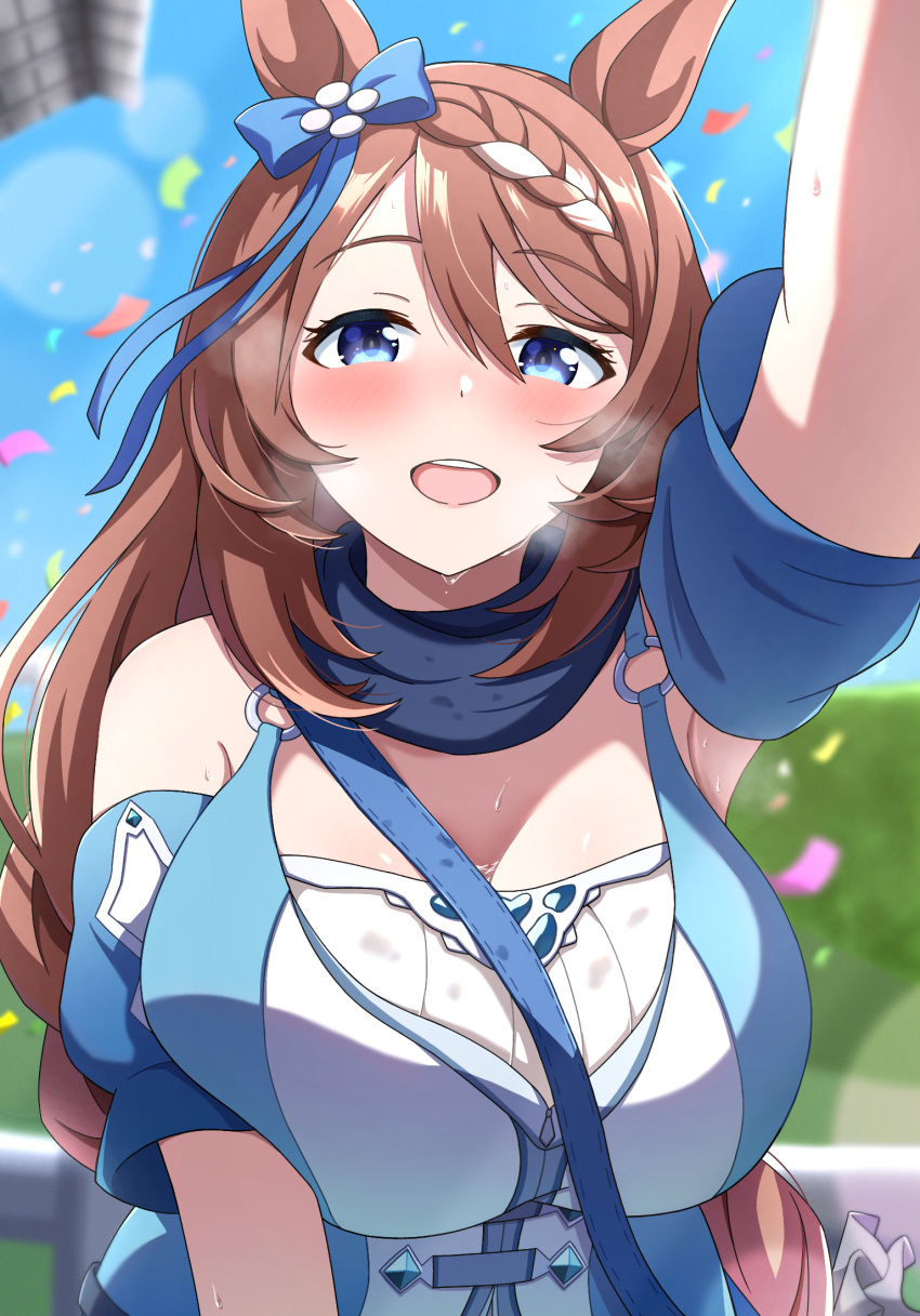 1girl 1girl :d animal_ears big_breasts blue_bow blue_dress blue_eyes blue_sky blue_sleeves blurry blurry_background blush bow braid breasts brown_hair commentary_request confetti day detached_sleeves dress ear_bow hair_between_eyes high_res horse_ears horse_girl leaning_forward long_hair looking_at_viewer multicolored_hair open_mouth outside outstretched_arm sky sleeveless sleeveless_dress smile streaked_hair super_creek_(umamusume) teeth umamusume upper_body upper_teeth_only white_streaks y_k_(user_maxh5525)