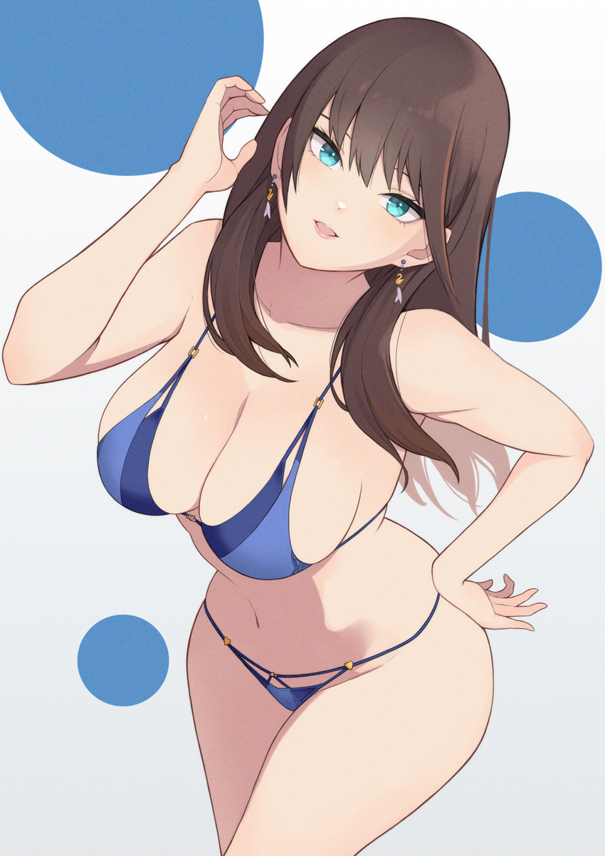 1girl :d alluring bikini blue_bikini blue_eyes brown_hair cleavage collarbone commentary dead_or_alive dead_or_alive_xtreme high_res jewelry konishiki_(52siki) long_hair looking_at_viewer nanami_(doa) navel open_mouth smile standing stomach swimsuit tecmo thighs tongue untranslatable_commentary