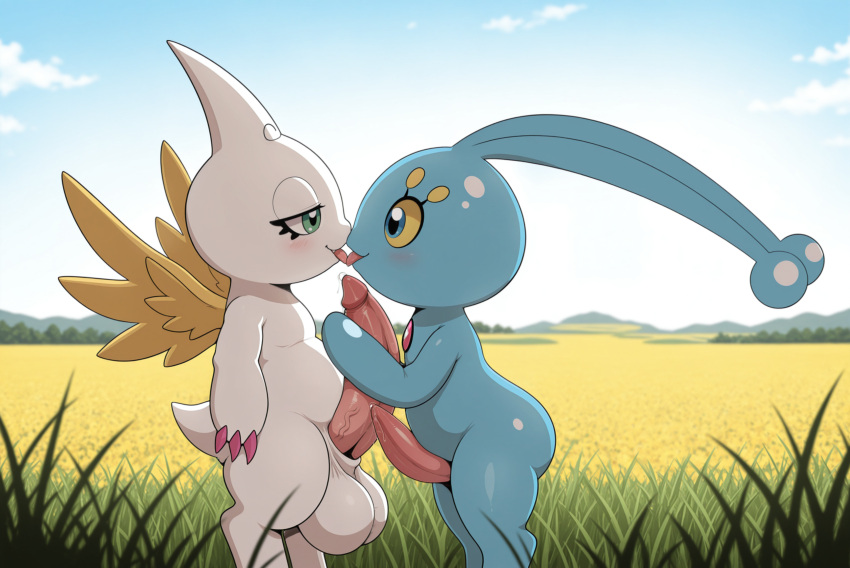 3_fingers absurd_res ai_generated animal_genitalia animal_penis antennae_(anatomy) anthro balls bandai_namco big_balls big_penis blue_body blue_eyes blush blush_lines bodily_fluids claws crossover cupimon digimon digimon_(species) duo eyelashes fangs field finger_claws fingers flower french_kissing generation_4_pokemon genital_fluids genitals grass green_eyes half-closed_eyes high_res holding_penis horn huge_balls huge_penis kissing leaking_precum legendary_pokemon looking_at_another looking_at_partner male male/male manaphy narrowed_eyes nintendo open_mouth open_smile penis pink_claws plant pokemon pokemon_(species) precum precum_on_penis sheath short_tail smile standing tail tapering_penis teeth tongue tongue_out white_body wings yellow_sclera yellow_wings yiff_ai_(director)